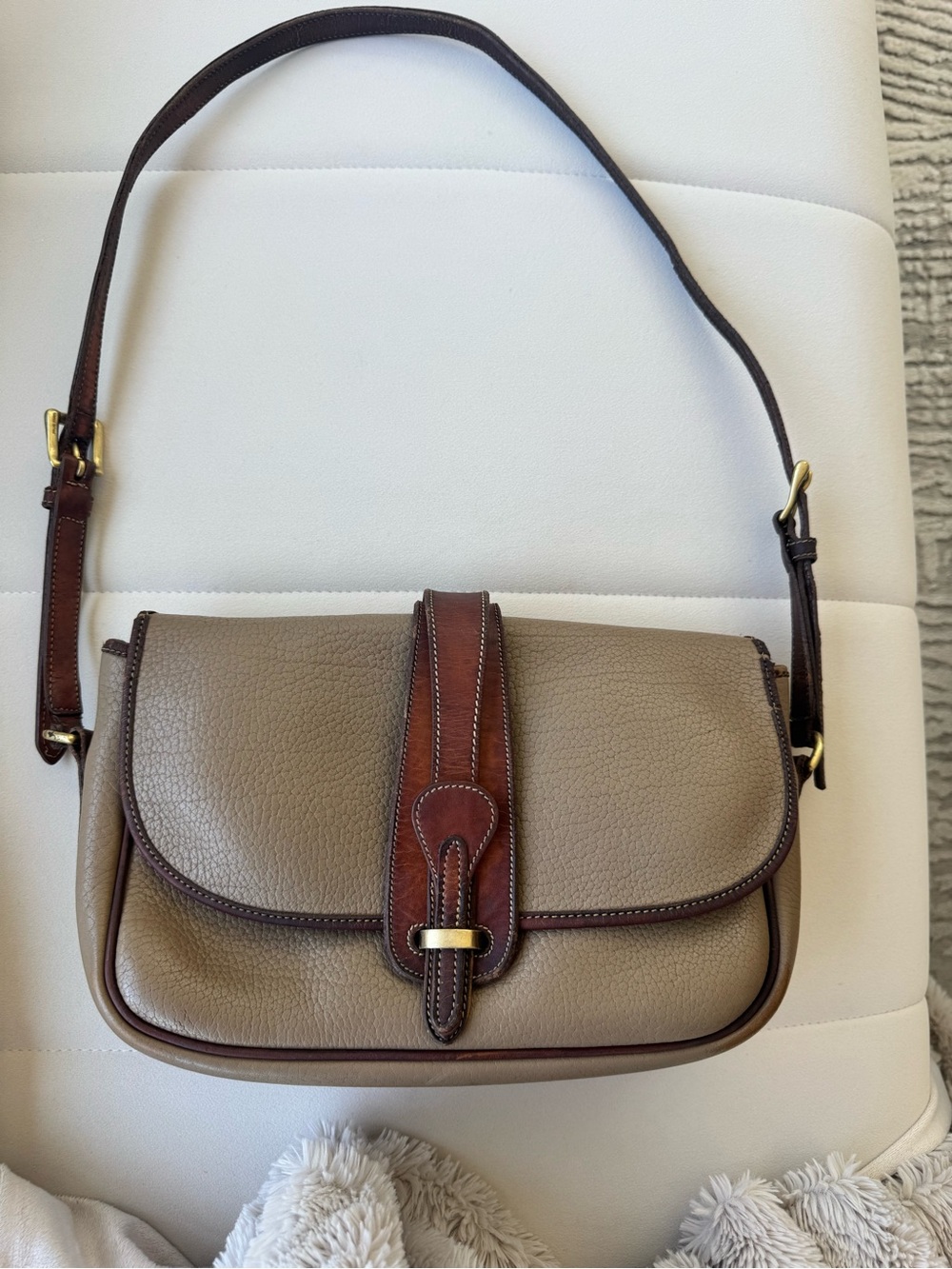 Dooney & Bourke Taupe Leather Shoulder Bag with Brown Trim
